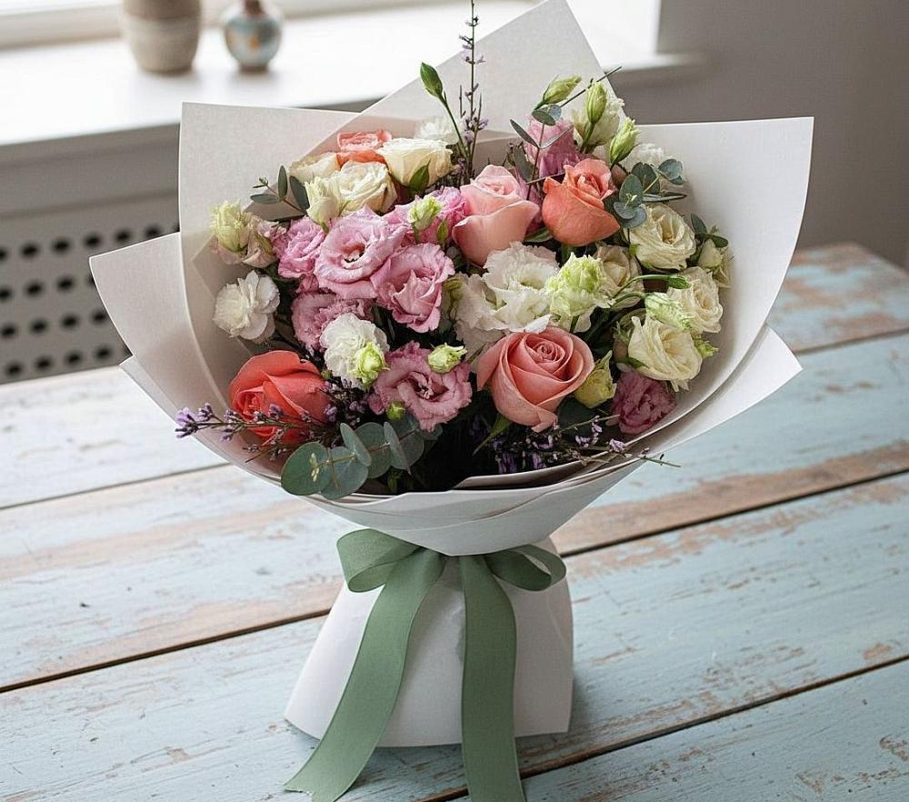 Букет цветов из: Розы, Лизиантусы и Гвоздики в Починке