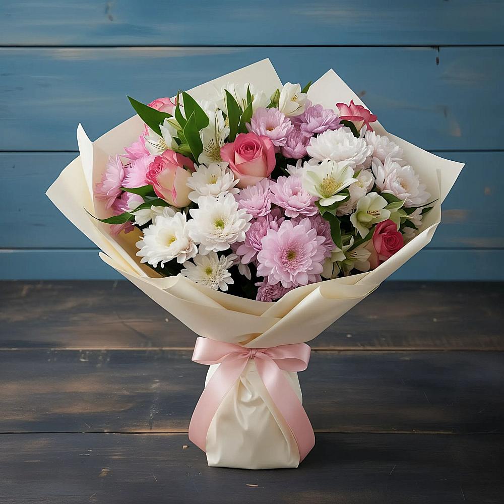 Букет цветов из: Хризантемы, Альстромерии и Розы в Починке